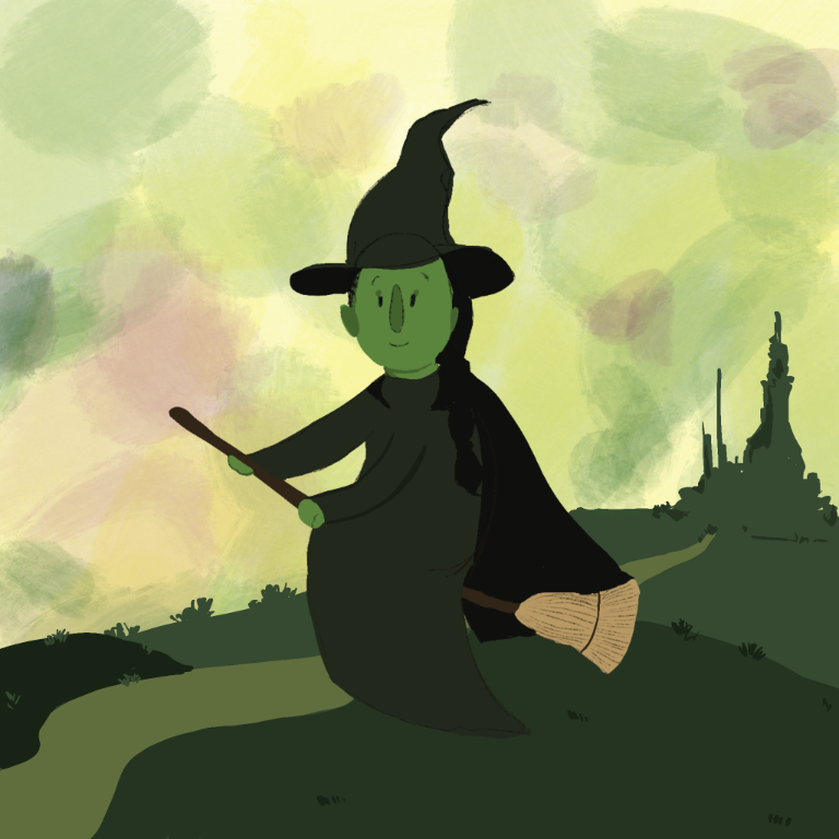 A witch in a pointed hat walks through a softly painted green landscape